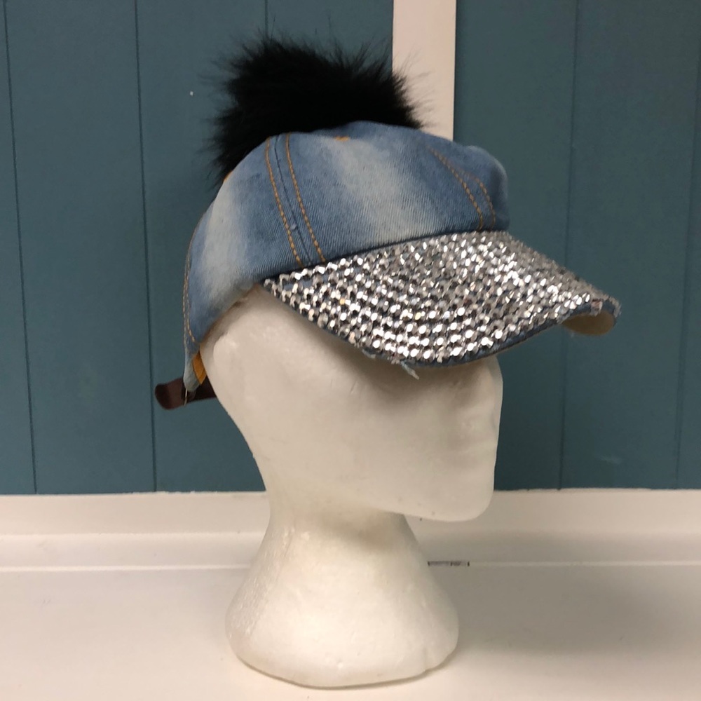 Denim studded heat with fluffy ball adjustable one size cotton